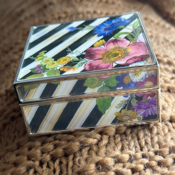 MacKenzie-Childs trinket box 3.5 x 3.5 floral striped velvet lined glass - Picture 6 of 9